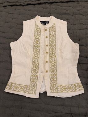 Kenneth Jay Lane Ivory Silk Sleeveless Embroidered Button Vest